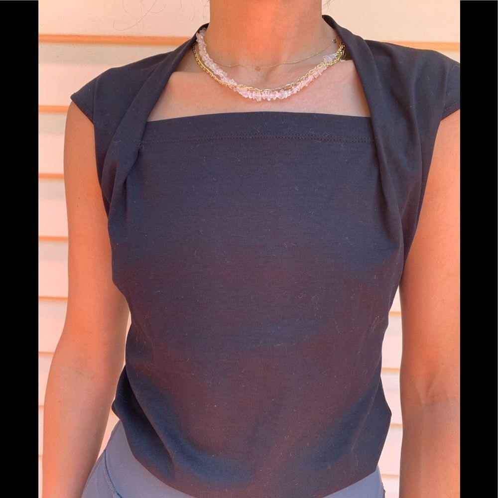 Lafayette 148 NY Black Cap Sleeves Square Neck Cotton(96%) Blouse Petite Small